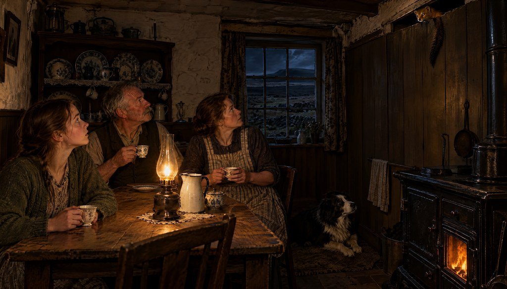 A small yellowish mongoose-like animal with a long bushy tail peers down from a gap at the top of the wooden wall panelling in a dim farmhouse kitchen, while a teenage girl, her father and her mother sit at a lamplit table with teacups, staring up at it, and a black-and-white sheepdog by the cast-iron stove looks up too