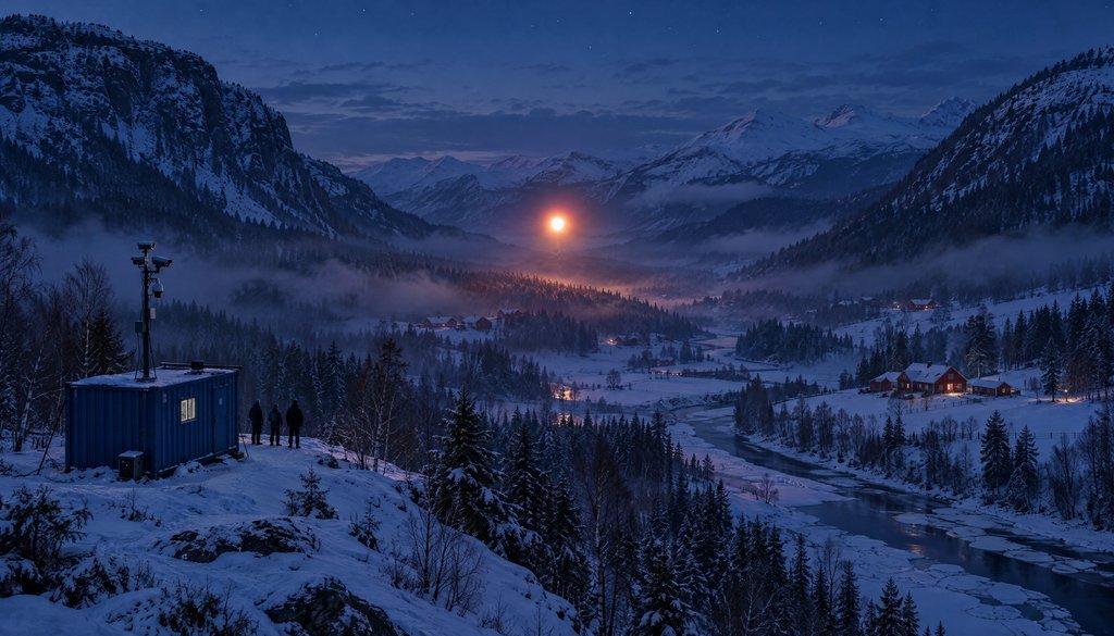 A glowing ball of light hangs over a snowy Norwegian valley at twilight while three people stand beside a blue instrument hut with a camera mast