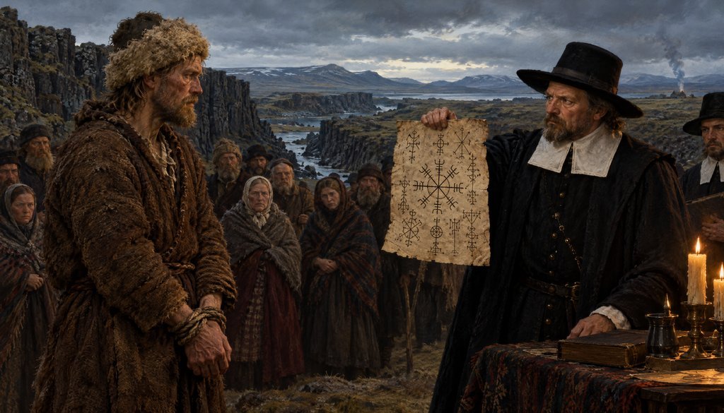 A magistrate holds up a manuscript page of Icelandic magical staves as evidence against a bound farmer, with the cliffs of Þingvellir behind them