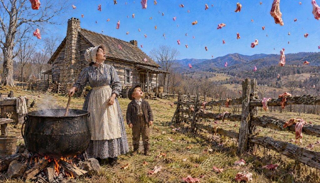 A farm woman in a bonnet and apron stirs a steaming soap kettle over a wood fire beside her young grandson, both staring up as chunks of raw meat fall from a clear blue sky onto the grass and a split-rail fence, with a log farmhouse and Kentucky hills behind them