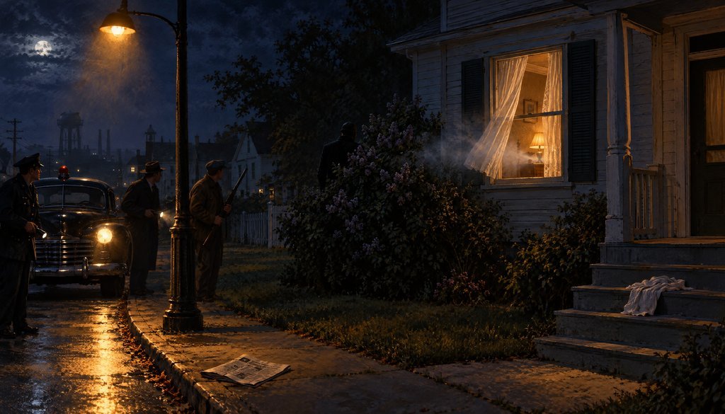 Mattoon, Illinois, September 1944 A figure in dark clothes and a tight cap lurks behind a lilac bush as pale mist drifts into a lamplit bedroom window, while a policeman and armed townsmen with flashlights look the other way and factory smokestacks rise in the distance