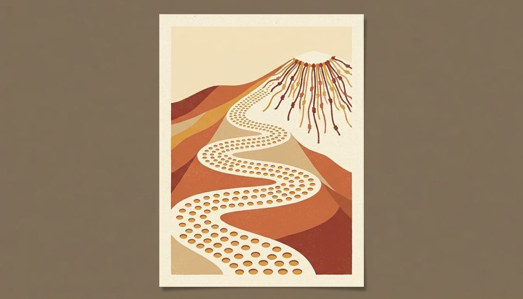 The Monte Sierpe band of holes winding up a hillside and resolving into the knotted cords of an Inca khipu