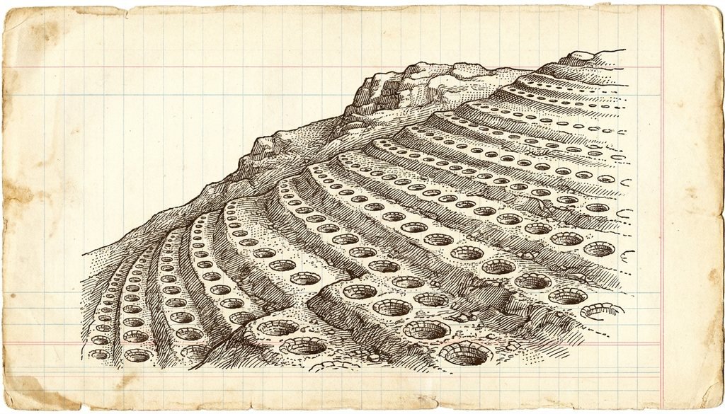Pen-and-ink field drawing of the stone-lined pits of Monte Sierpe marching in rows up the slope