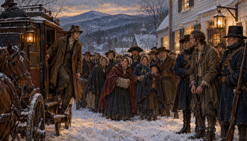 Manchester, Vermont, December 1819 A thin man in a worn coat steps down from a snowy stagecoach outside a lamplit New England tavern while villagers in 1810s winter clothes stare at him, a shackled prisoner watches from between two armed guards, and a church steeple rises against the mountains behind them