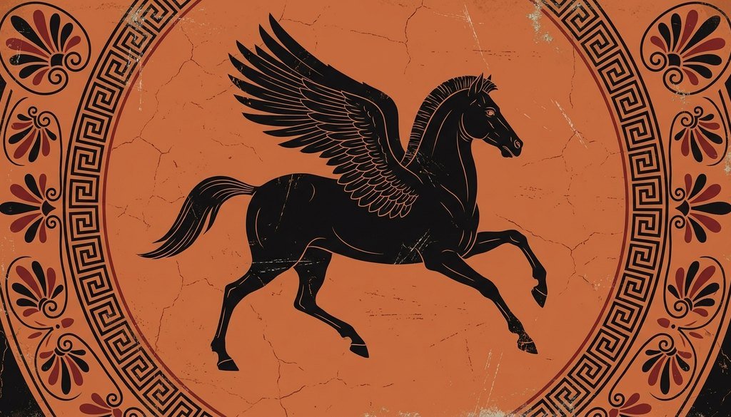 Winged horse rendered in the ancient Greek black-figure style
