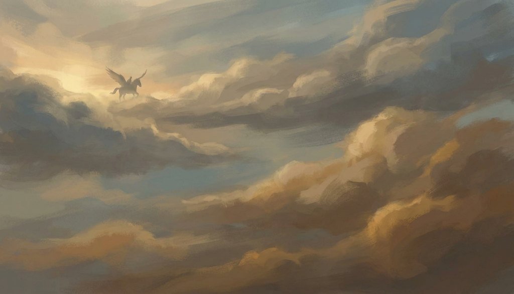 A distant winged horse and rider against a vast dawn sky