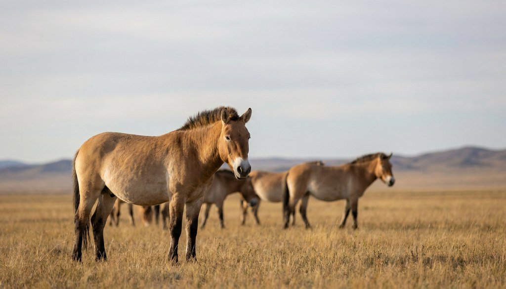 Przewalski's horses standing on open Mongolian grassland