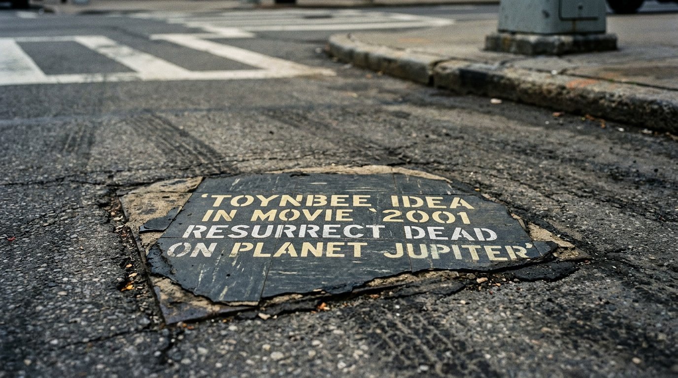 A cryptic Toynbee tile embedded in an asphalt city street